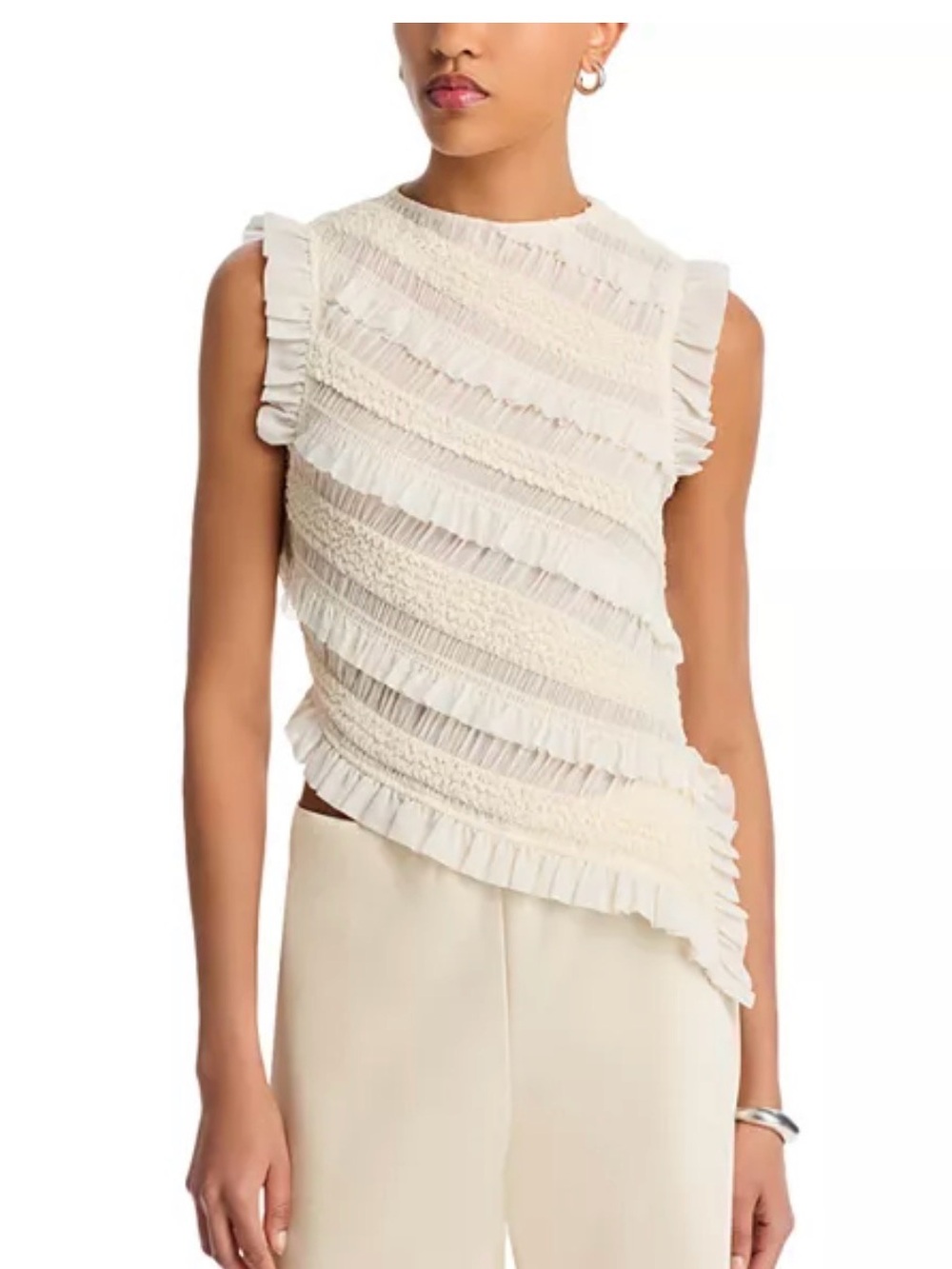 Asymmetrical Ruffle Ivory Sleeveless Blouse
